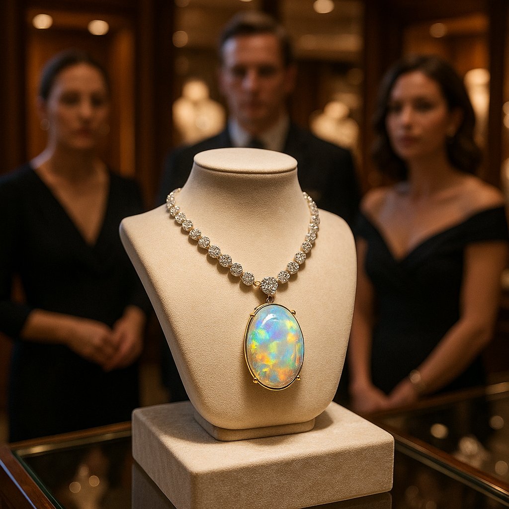 A stunning collection of Australian opal jewelry including rings, pendants, and earrings from Robinson's Jewelers, showcasing vibrant play-of-color.