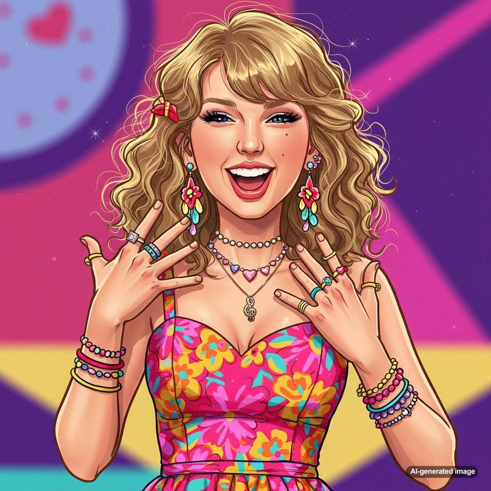 Taylor Swift wearing elegant jewelry, showcasing her signature style with diamond earrings and a delicate necklace.