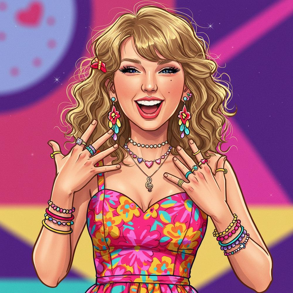 Taylor Swift wearing elegant jewelry, showcasing her signature style with diamond earrings and a delicate necklace.