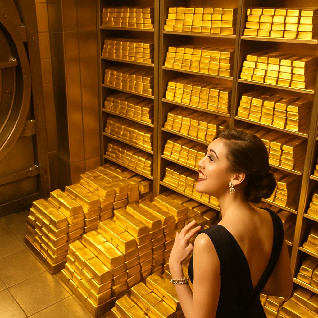 Massive gold bars stacked in a secure vault representing the world's largest gold reserves