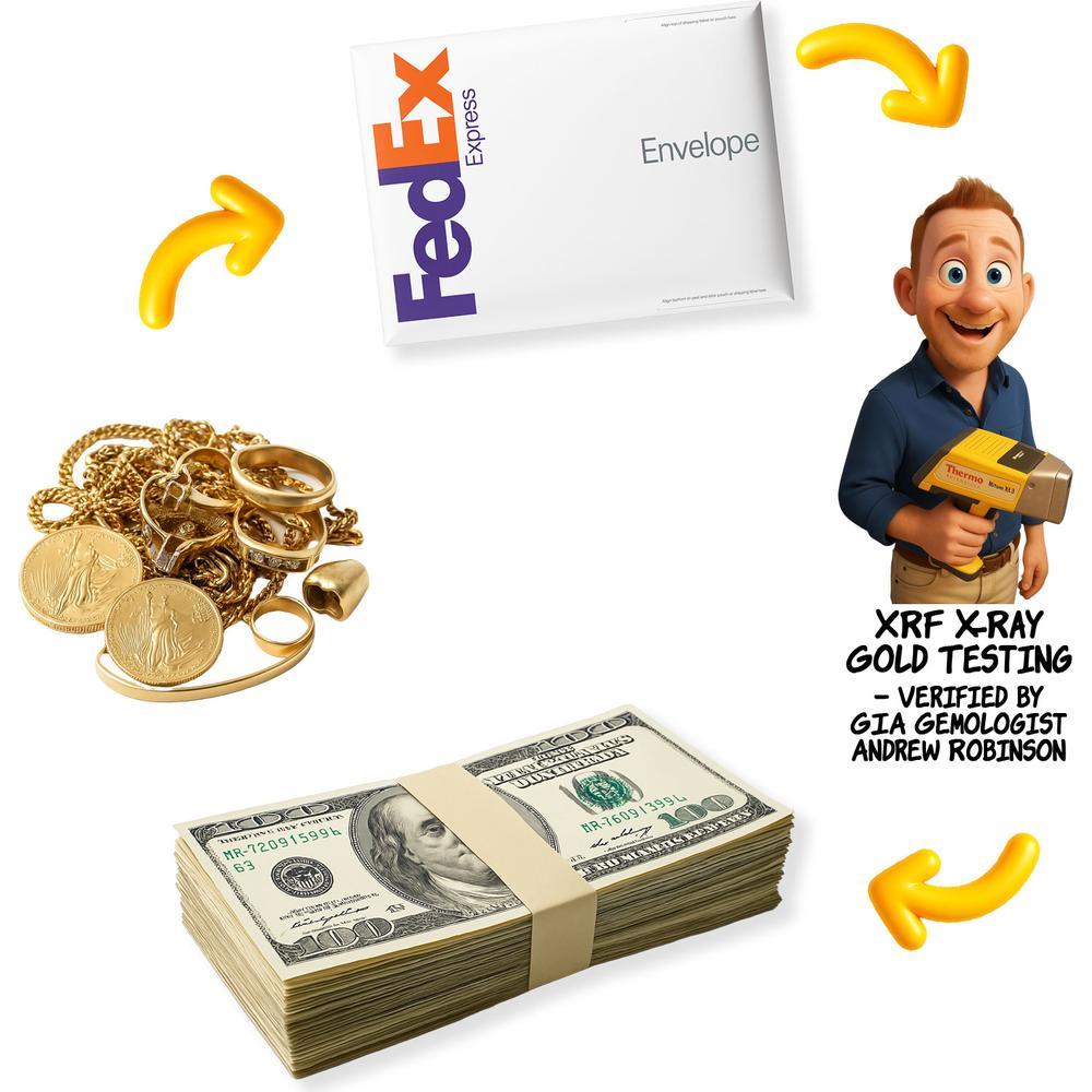 Woman holding gold jewelry with a magnifying glass, evaluating its value