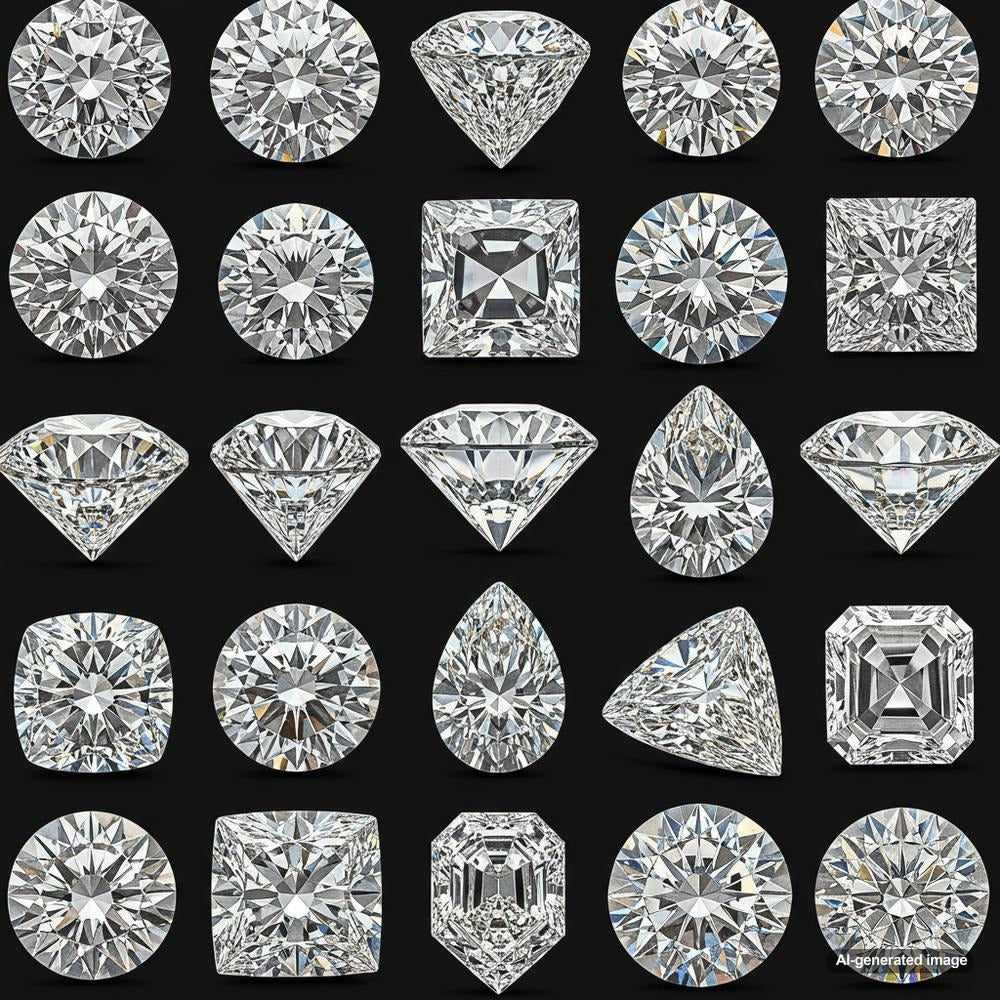 A selection of elegant diamond shapes, including emerald, oval, pear, round, and marquise cuts, displayed in a luxurious setting.