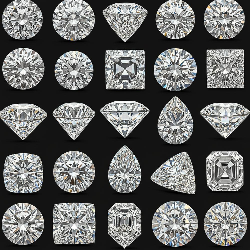 A selection of elegant diamond shapes, including emerald, oval, pear, round, and marquise cuts, displayed in a luxurious setting.