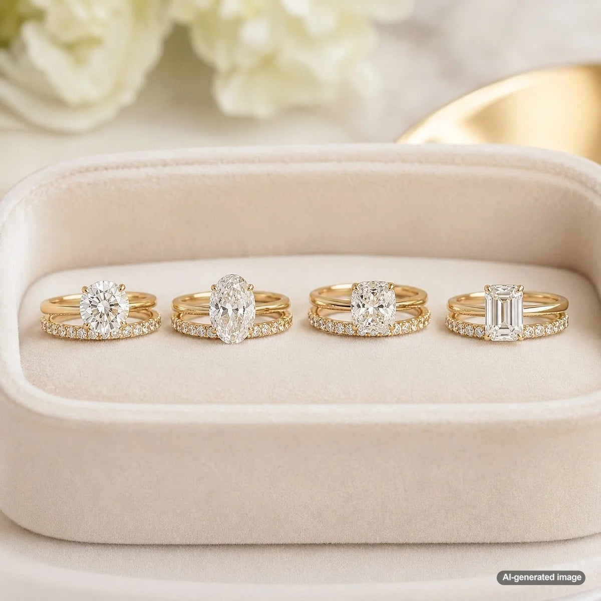 Diamond engagement rings in several shapes paired with coordinating wedding bands