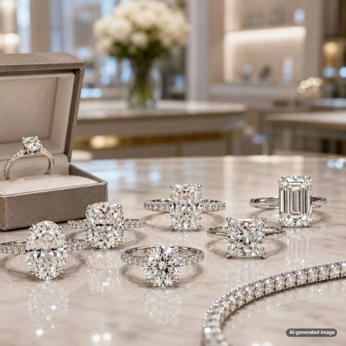 A visual guide comparing diamond shapes and their ability to hide color, featuring round brilliant, cushion, and emerald cut diamonds