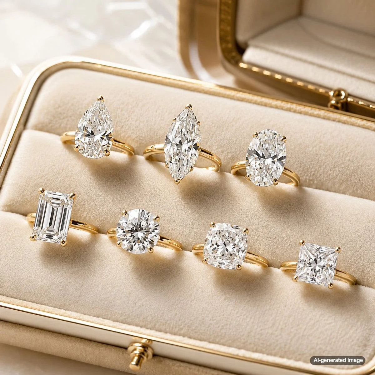 A stunning comparison of diamond shapes showing which looks largest per carat, featuring marquise, oval, and pear diamonds from Robinson's Jewelers.