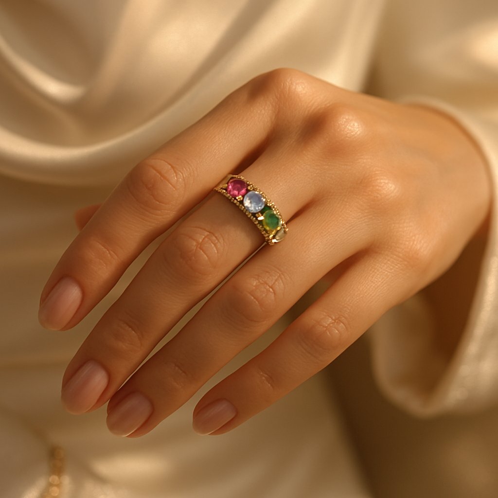 A beautifully styled shot of multiple women's hands adorned with various birthstone rings on different fingers
