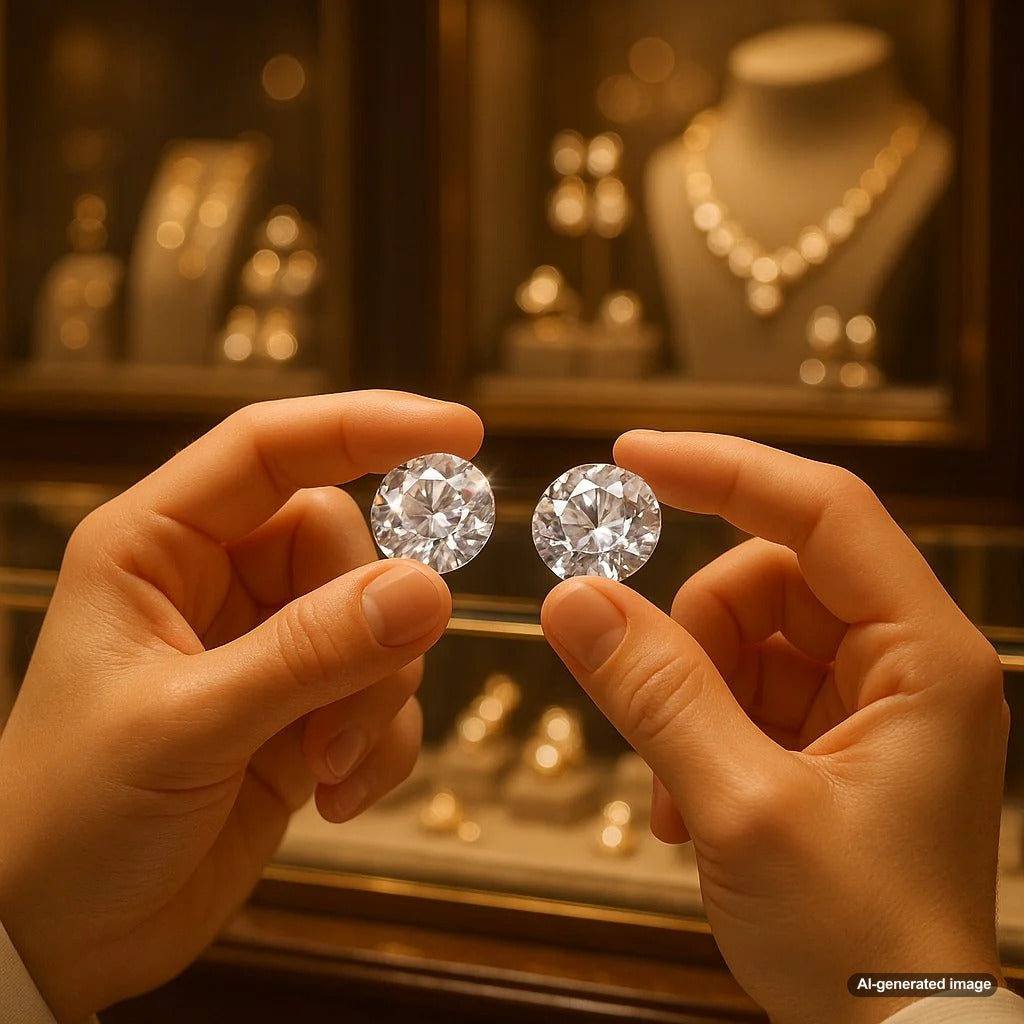 Close up comparison of a white topaz ring and a white sapphire ring on a person's hand