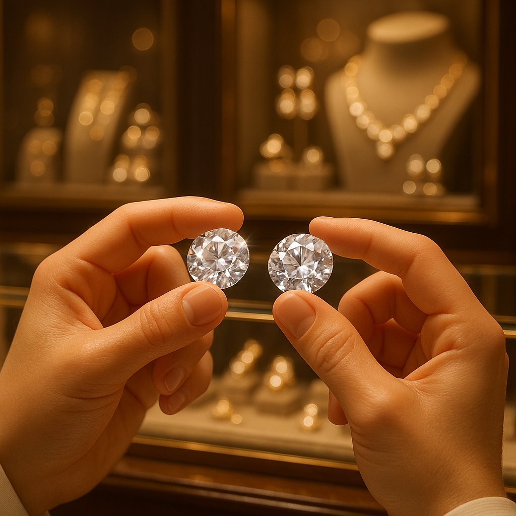 Close up comparison of a white topaz ring and a white sapphire ring on a person's hand