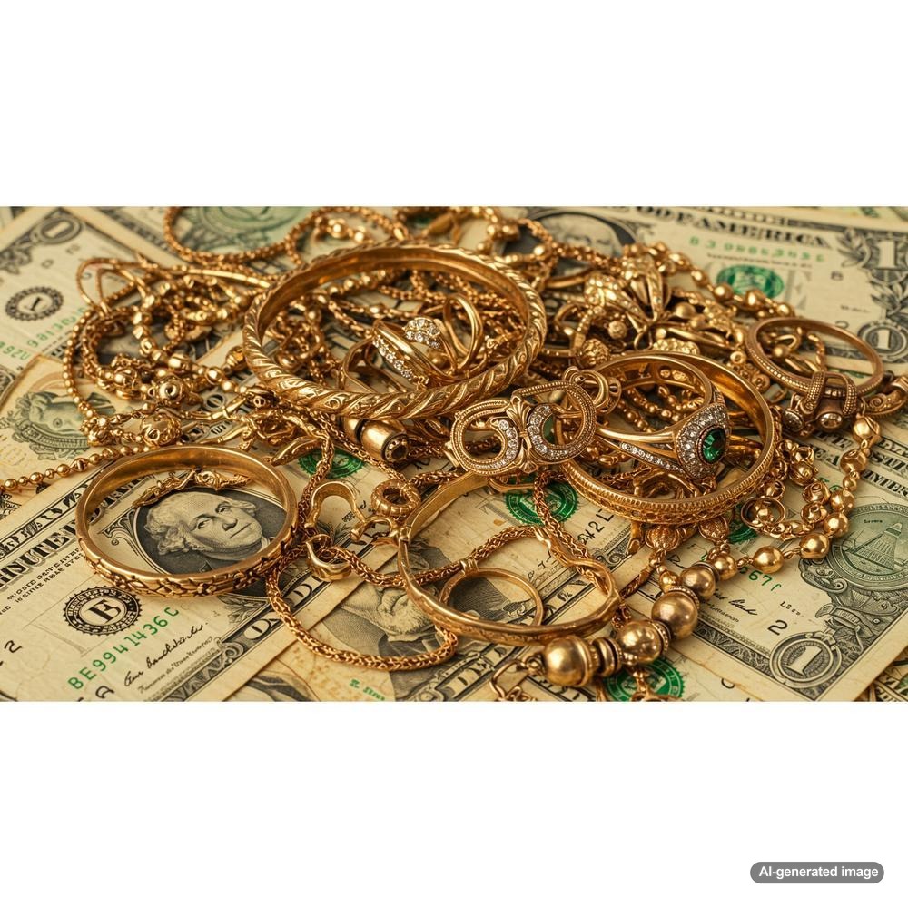 A stunning collection of gold jewelry from Robinson's Jewelers, showcasing rings, necklaces, and bracelets.