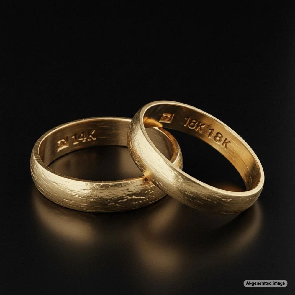 A comparison of 14K and 18K gold jewelry showcasing their differences in durability and color.