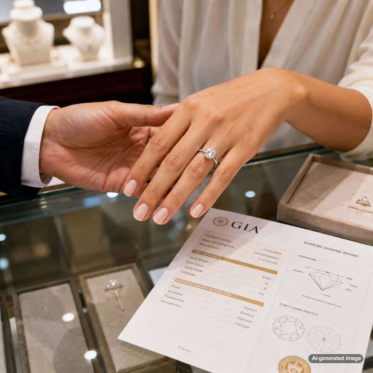A woman examining a diamond certificate with a magnifying glass, highlighting the key sections that matter most to a buyer.
