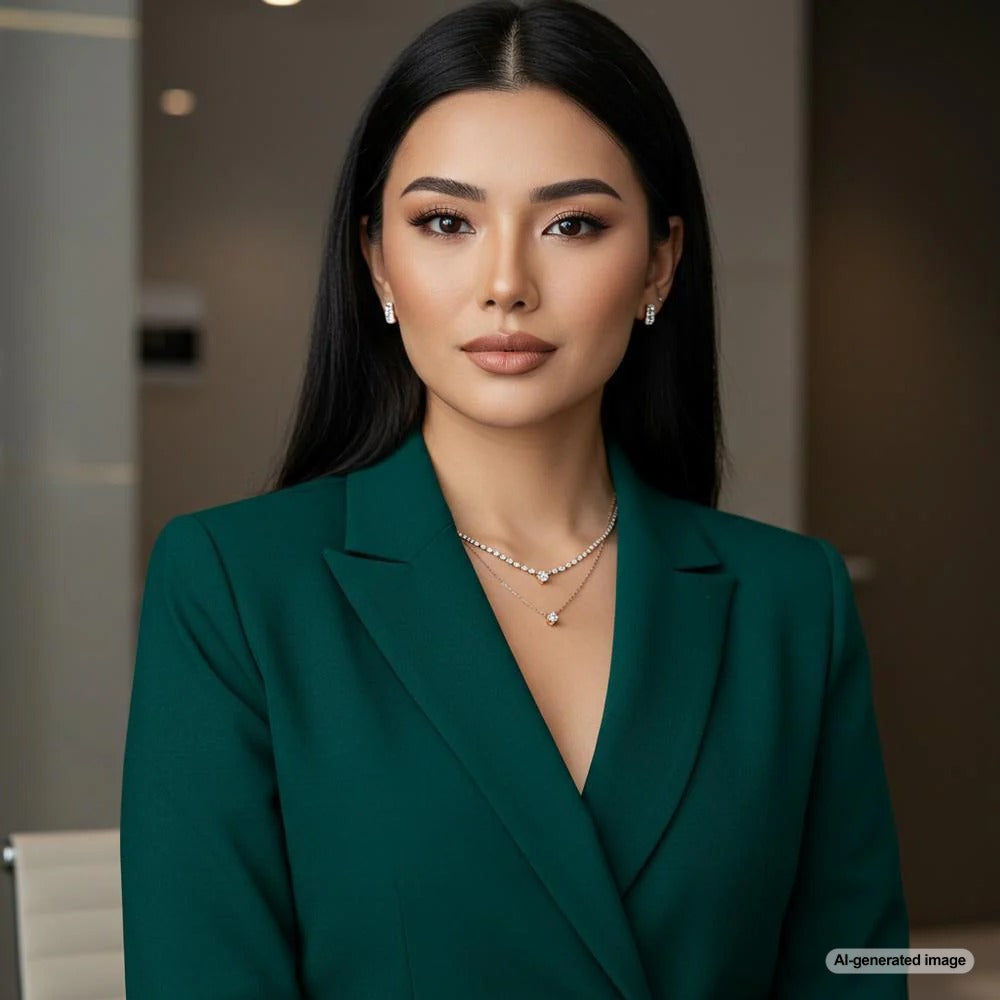 Elegant professional jewelry choices, including diamond studs, pearl necklaces, and minimalist bracelets