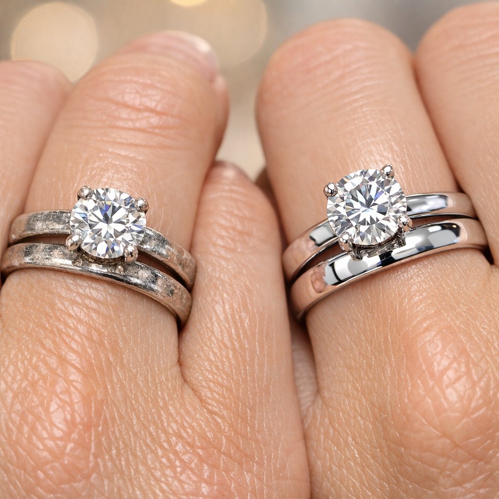 Side-by-side close-up comparison of a white gold ring and a platinum ring after five years of daily wear