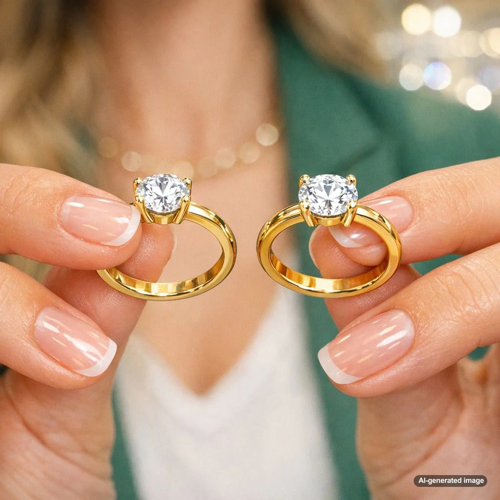 Close up comparison image showing a diamond ring with a 3-prong martini setting next to a diamond ring with a classic 4-prong basket setting to illustrate the visual differences.