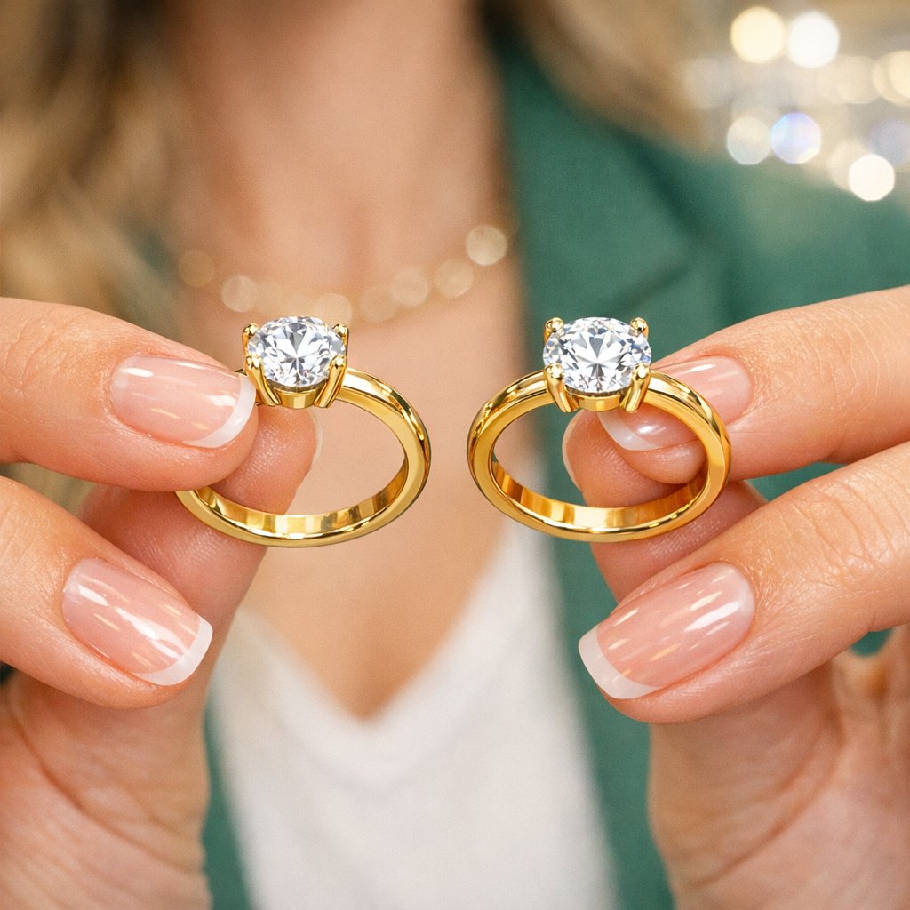 Close up comparison image showing a diamond ring with a 3-prong martini setting next to a diamond ring with a classic 4-prong basket setting to illustrate the visual differences.
