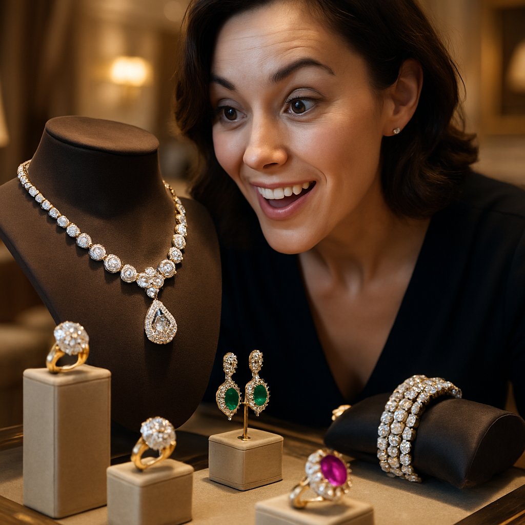 Woman admiring exquisite diamond jewelry with fascinated expression