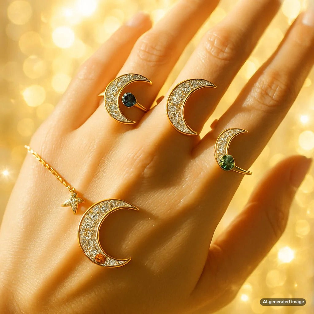 Elegant crescent moon pendant necklace with diamond accents, showcasing celestial jewelry trends