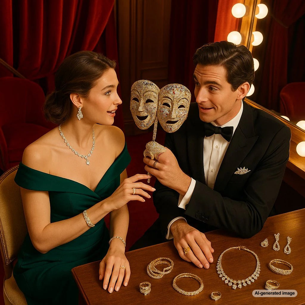 Dual-faced comedy and tragedy mask theatrical fine jewelry piece from Robinson's Jewelers collection