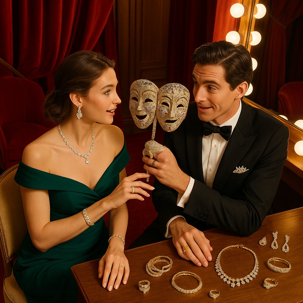 Dual-faced comedy and tragedy mask theatrical fine jewelry piece from Robinson's Jewelers collection
