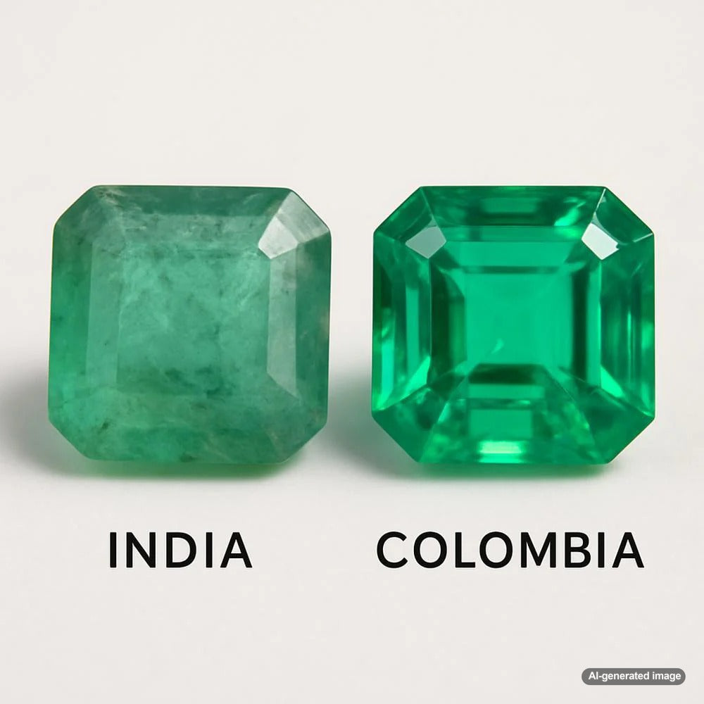 A stunning comparison of Indian and Colombian emeralds showcasing their color and clarity differences