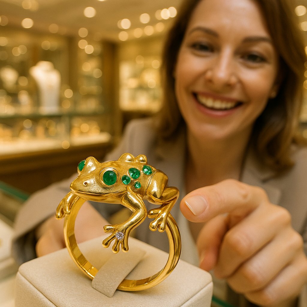 Luxury frog-themed jewelry piece featuring emeralds and diamonds, symbolizing good luck and transformation