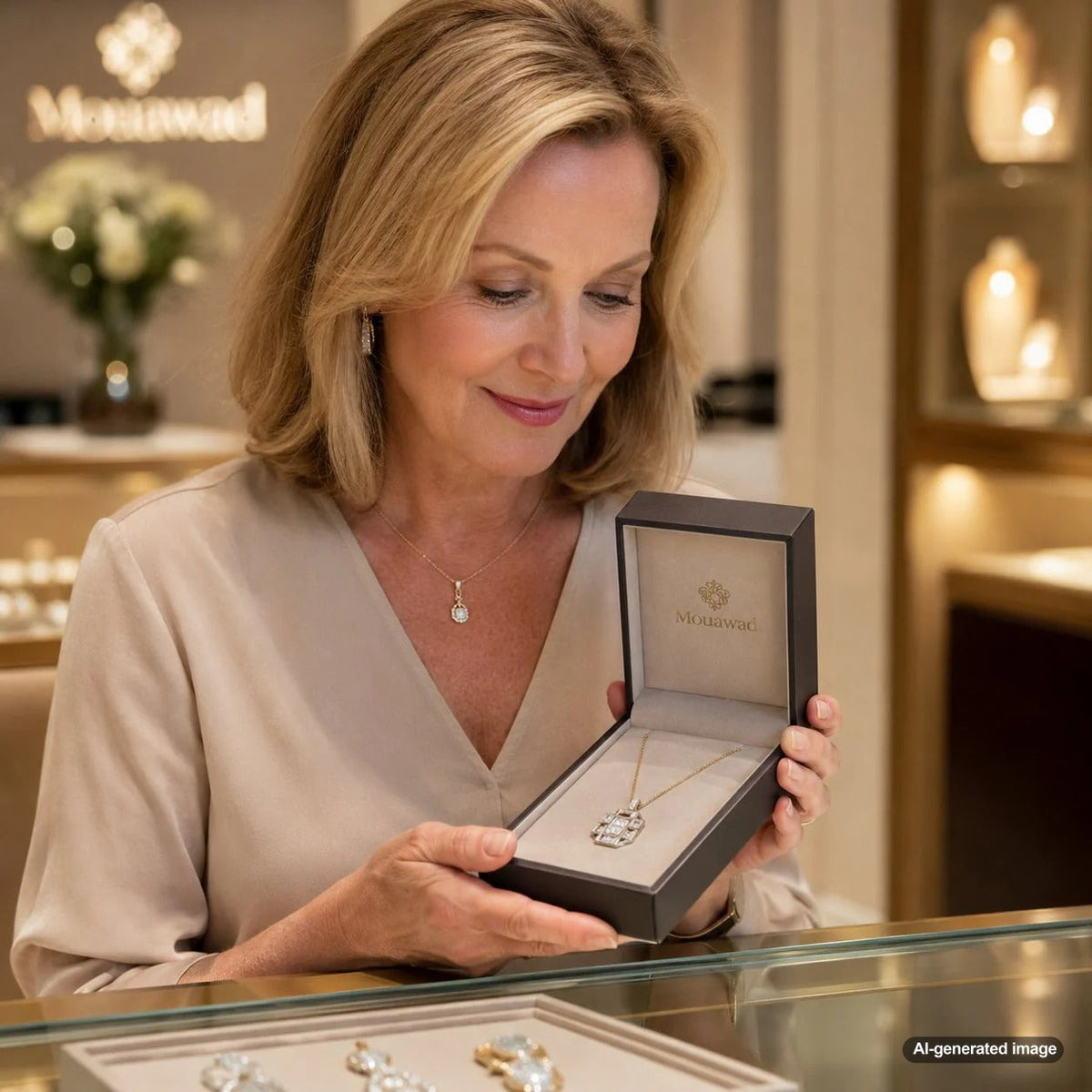 Geometric grid pattern showcased on a modern diamond ring and bracelet from Robinson's Jewelers collection