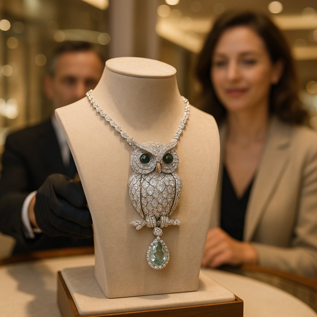 Exquisite owl pendant jewelry featuring sparkling diamonds and sapphires in an elegant design