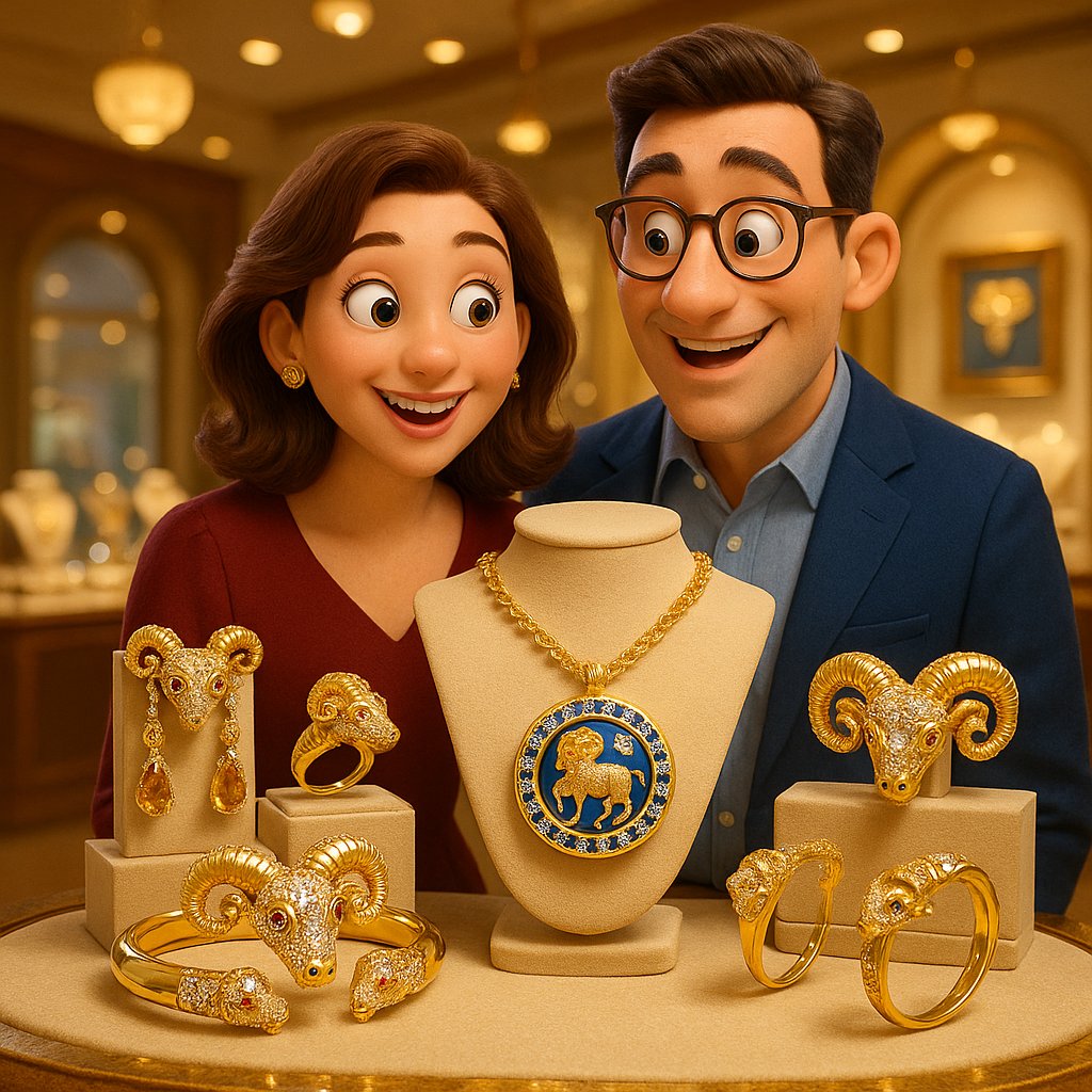 Elegant gold ram zodiac pendant necklace with diamond accents on display at Robinson's Jewelers