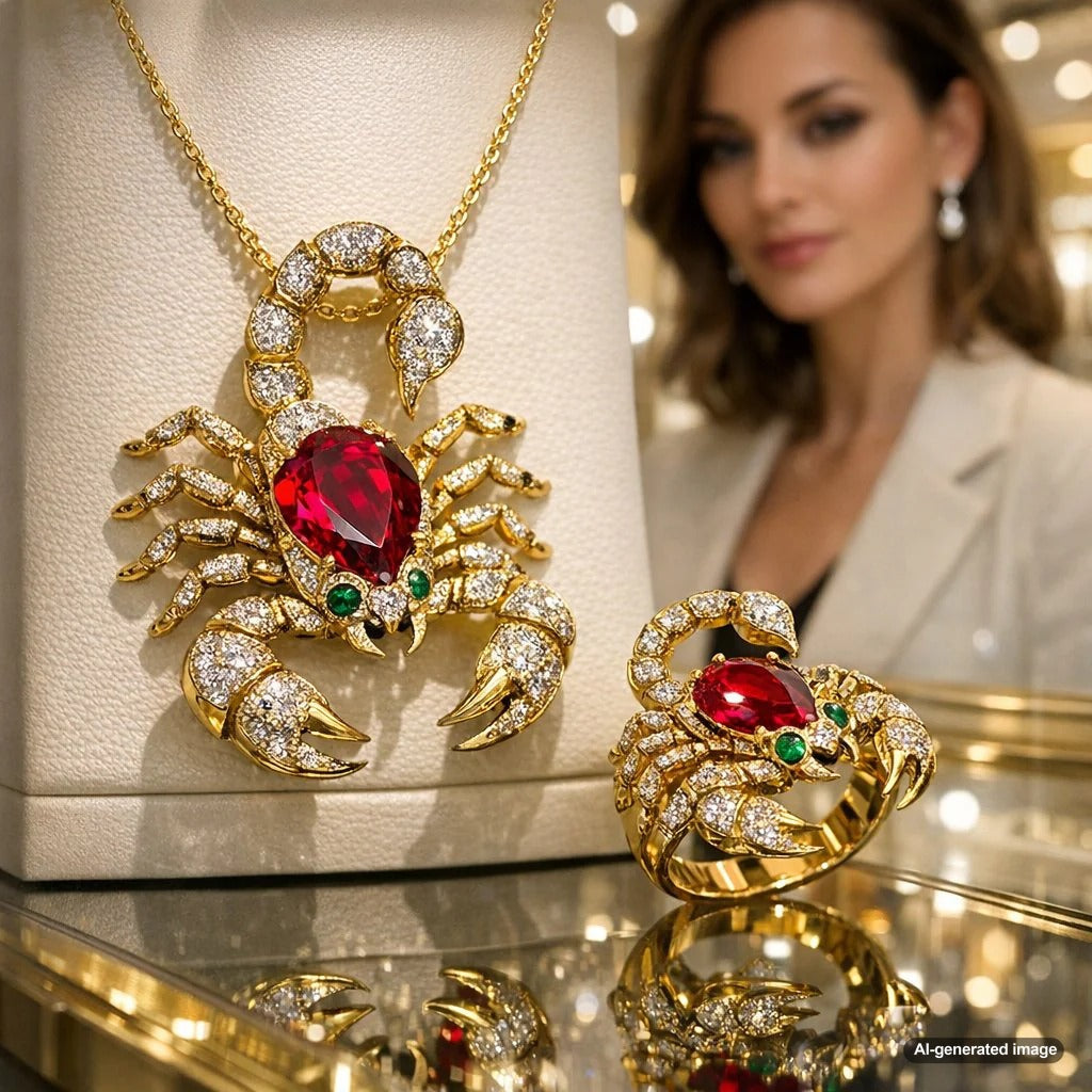 Close-up of an exquisite luxury scorpion pendant necklace in yellow gold, set with diamonds and emeralds, resting on black velvet.