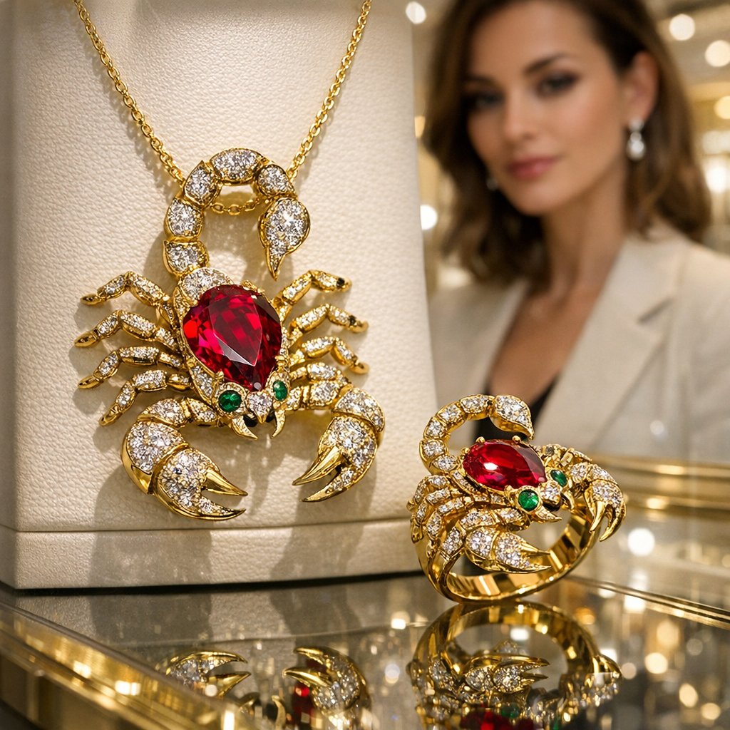 Close-up of an exquisite luxury scorpion pendant necklace in yellow gold, set with diamonds and emeralds, resting on black velvet.