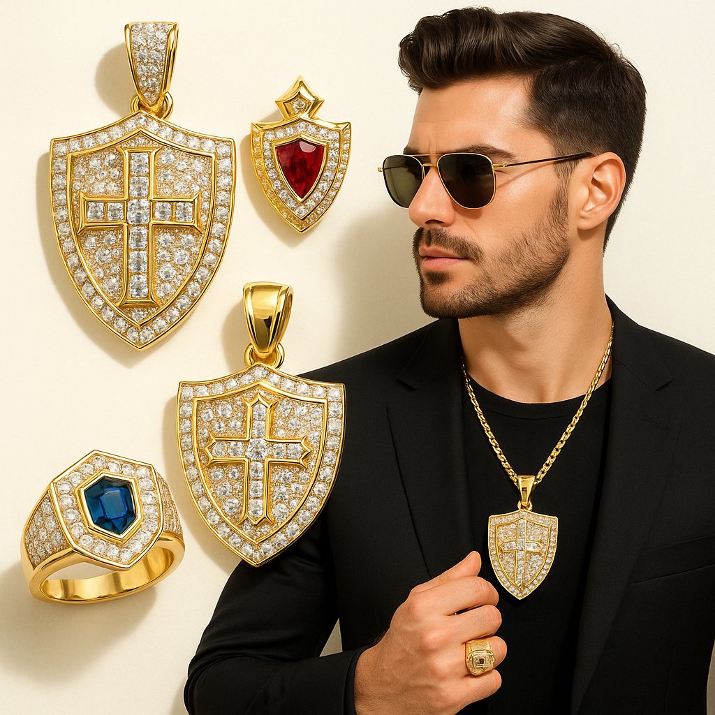 Masculine shield motif jewelry pieces including rings and pendants displayed at Robinson's Jewelers