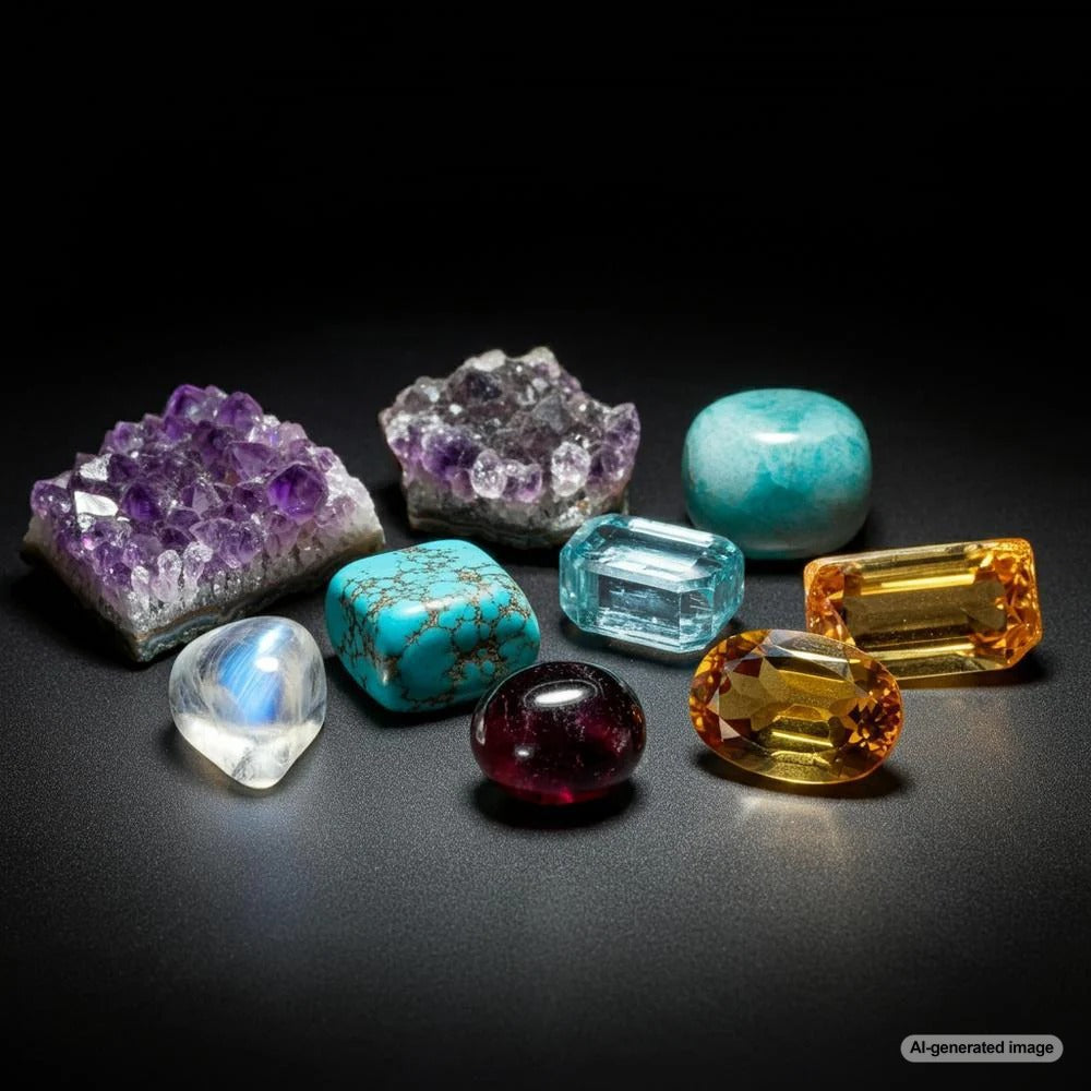Assorted semi-precious gemstones in various colors and cuts