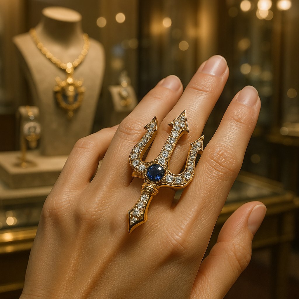 Luxurious gold trident pendant necklace with diamond accents on black velvet background