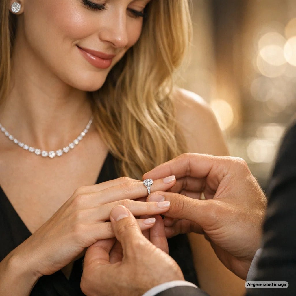 Jeweler at workbench inspecting diamond ring under magnification