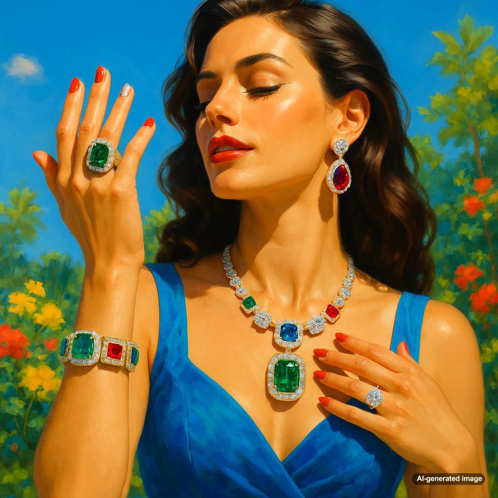 Vibrant summer jewelry collection featuring colorful gemstone rings, bracelets, and necklaces