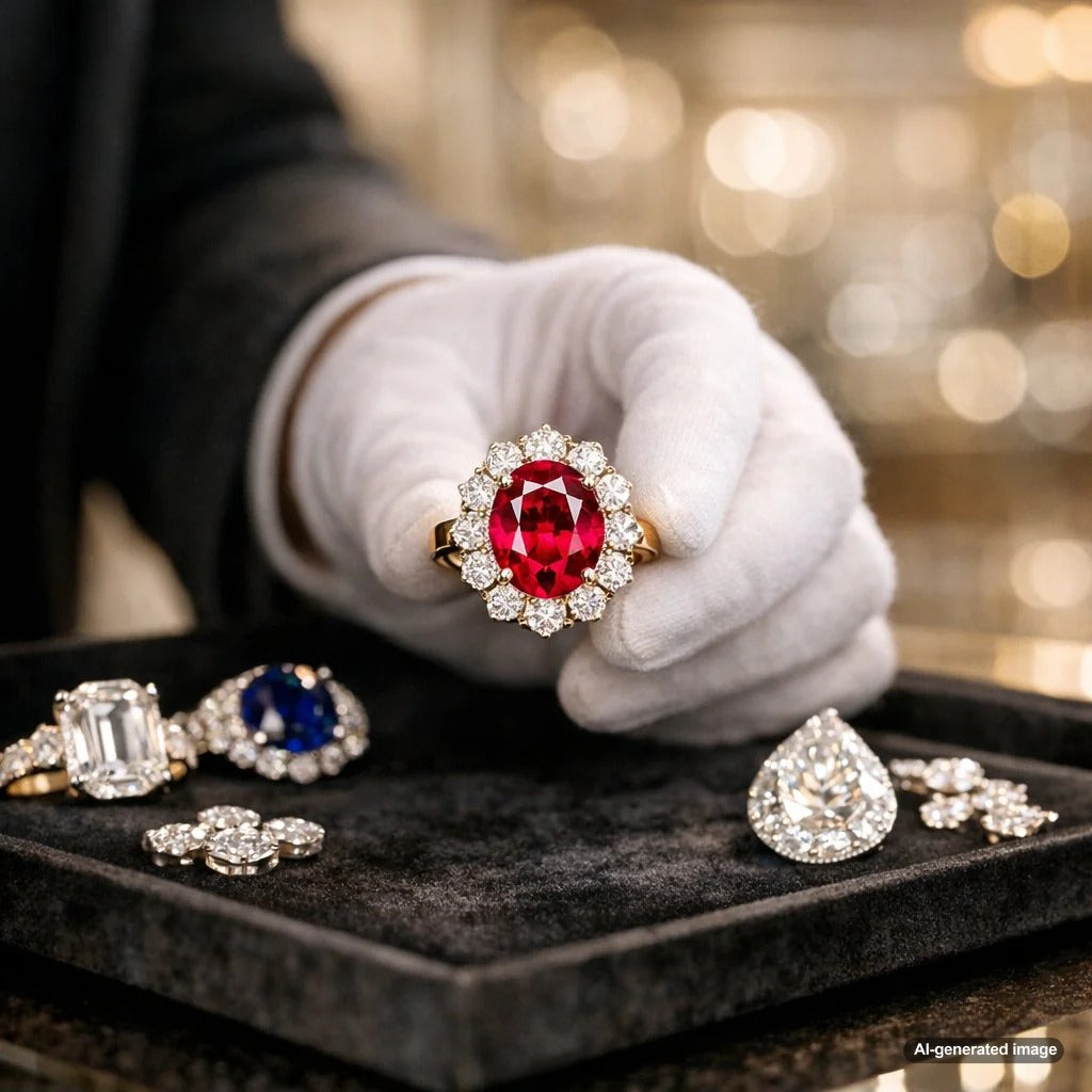 A stunning close-up of a large, deep red Burmese Pigeon's Blood ruby set in a diamond halo ring, showcasing its legendary color and brilliance.