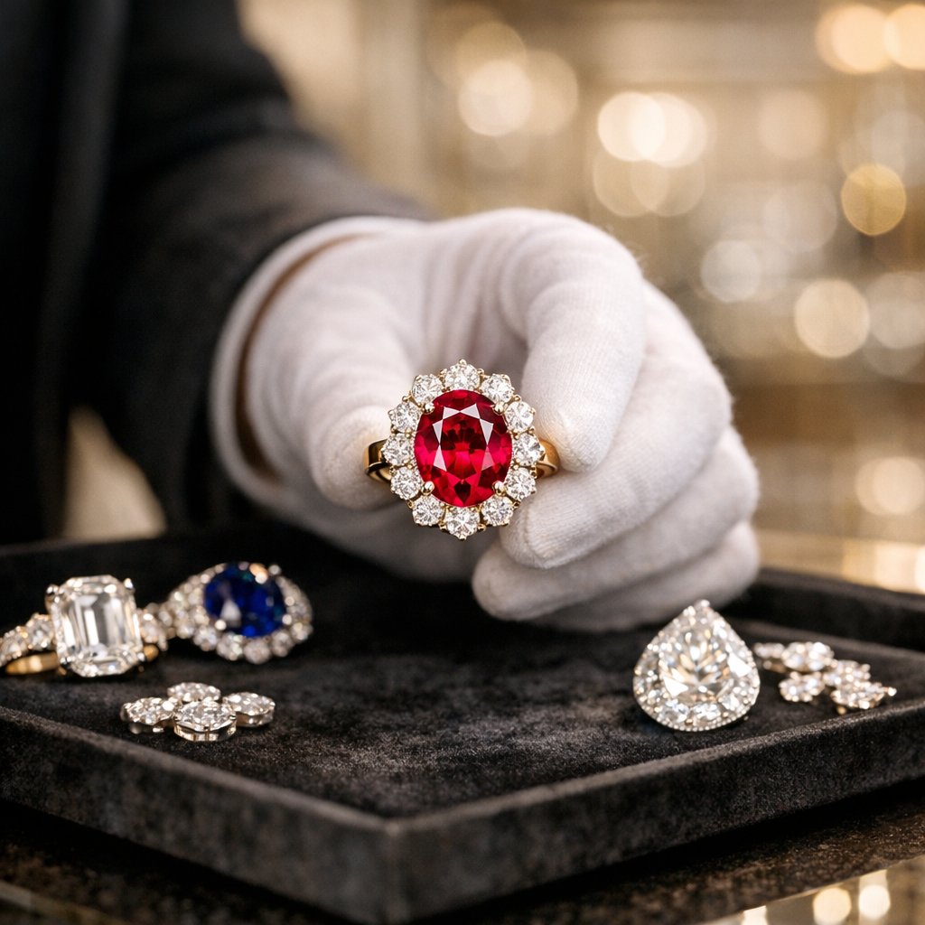 A stunning close-up of a large, deep red Burmese Pigeon's Blood ruby set in a diamond halo ring, showcasing its legendary color and brilliance.