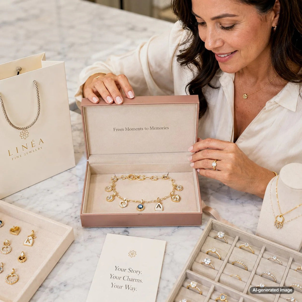 A curated collection of modern charm bracelets and necklaces featuring gold, diamond, and enamel charms.