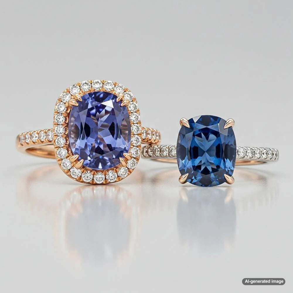 A stunning display of Tanzanite and Sapphire gemstones showcasing their unique color variations and brilliance.