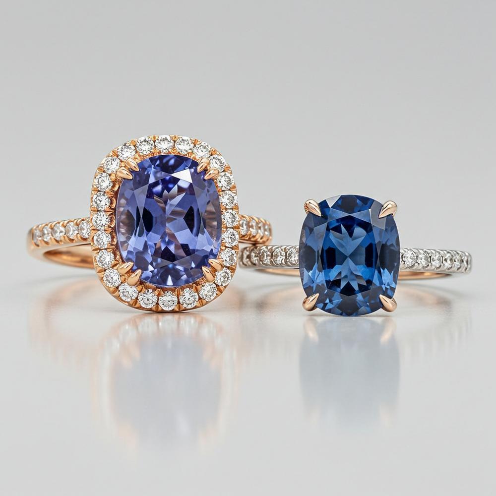 A stunning display of Tanzanite and Sapphire gemstones showcasing their unique color variations and brilliance.