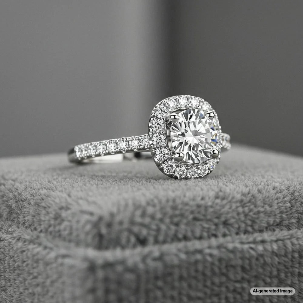 A stunning white gold engagement ring with a sparkling diamond centerpiece, set against a luxurious backdrop.