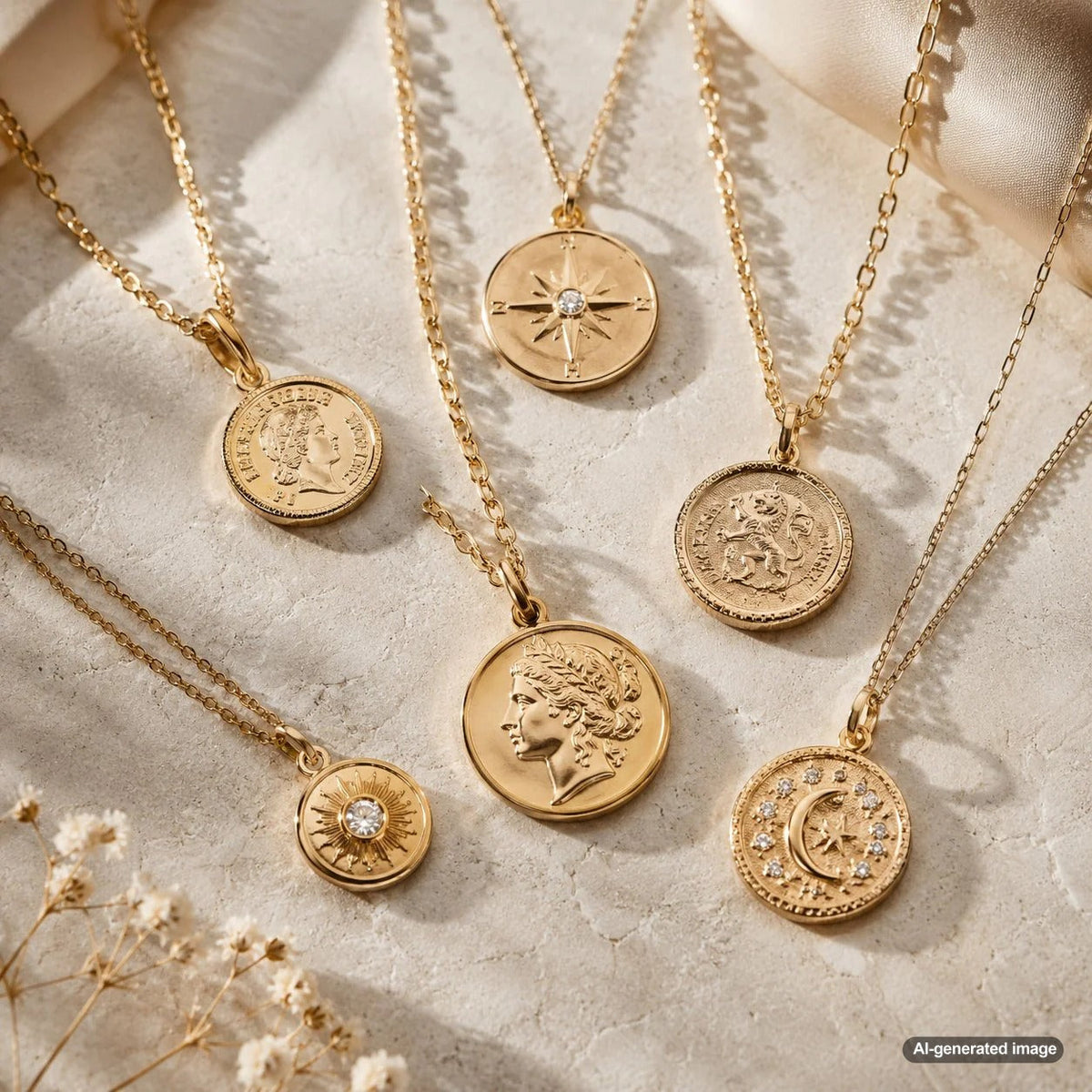 A stunning gold coin necklace layered with a delicate paperclip chain, displayed on a velvet bust at Robinson's Jewelers.