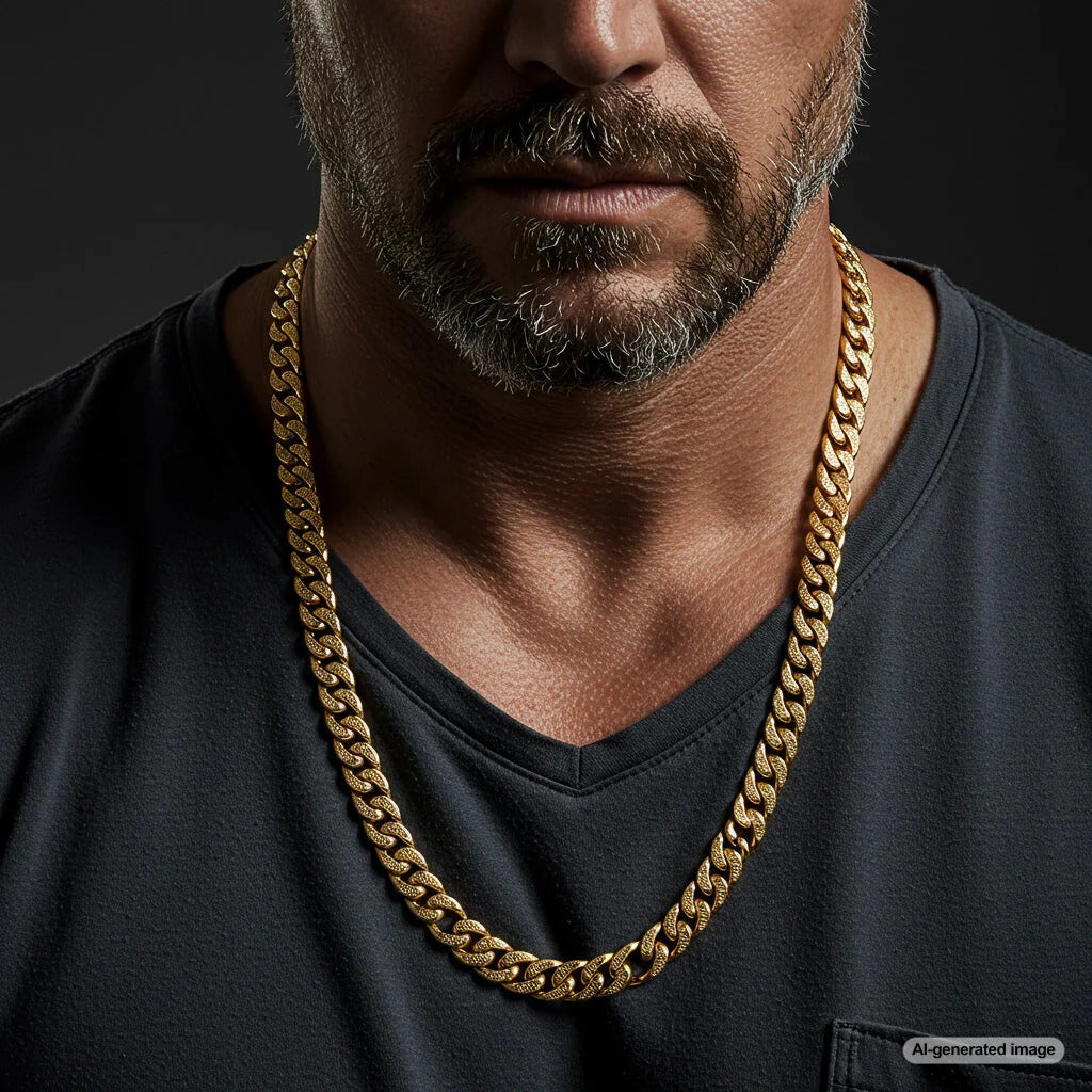 Luxurious 14K gold Cuban link chain displayed on black velvet, showcasing its bold, interlocking links and high-polish shine