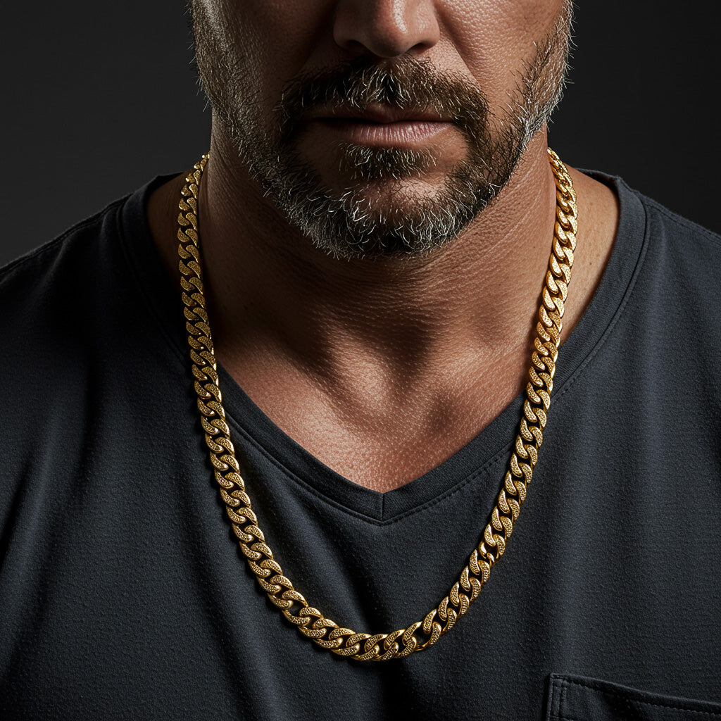 Luxurious 14K gold Cuban link chain displayed on black velvet, showcasing its bold, interlocking links and high-polish shine