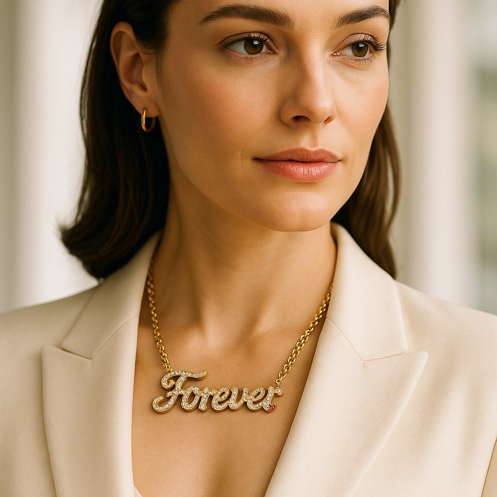 Custom gold nameplate necklace with elegant script spelling 'Love' layered with diamond tennis chains