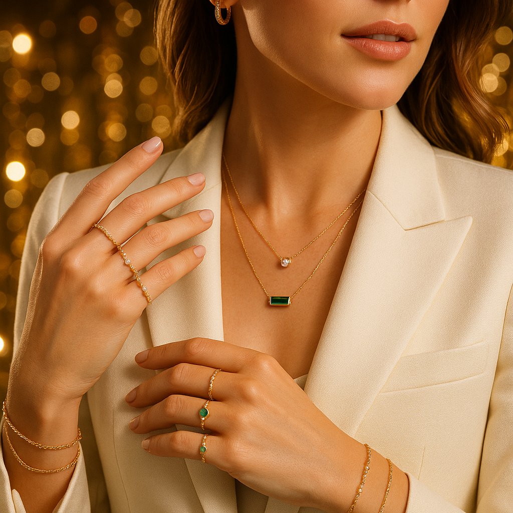 Elegant dainty jewelry pieces including delicate necklaces, rings, and bracelets styled together