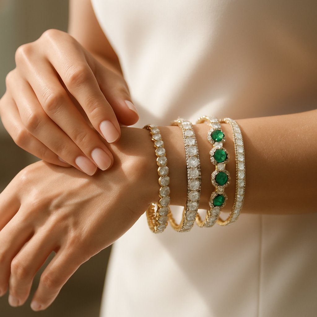Elegant assortment of women's bracelets including bangles, charm bracelets, and tennis bracelets displayed beautifully