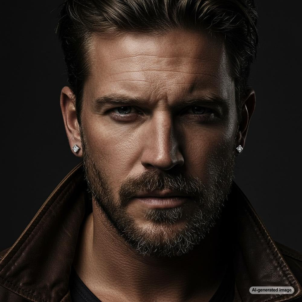 A stylish man wearing diamond stud earrings, showcasing luxury and confidence.