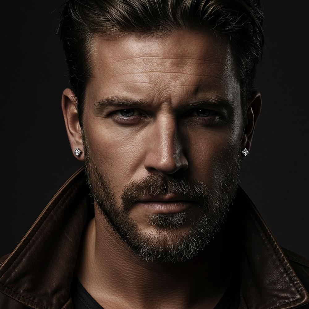 A stylish man wearing diamond stud earrings, showcasing luxury and confidence.
